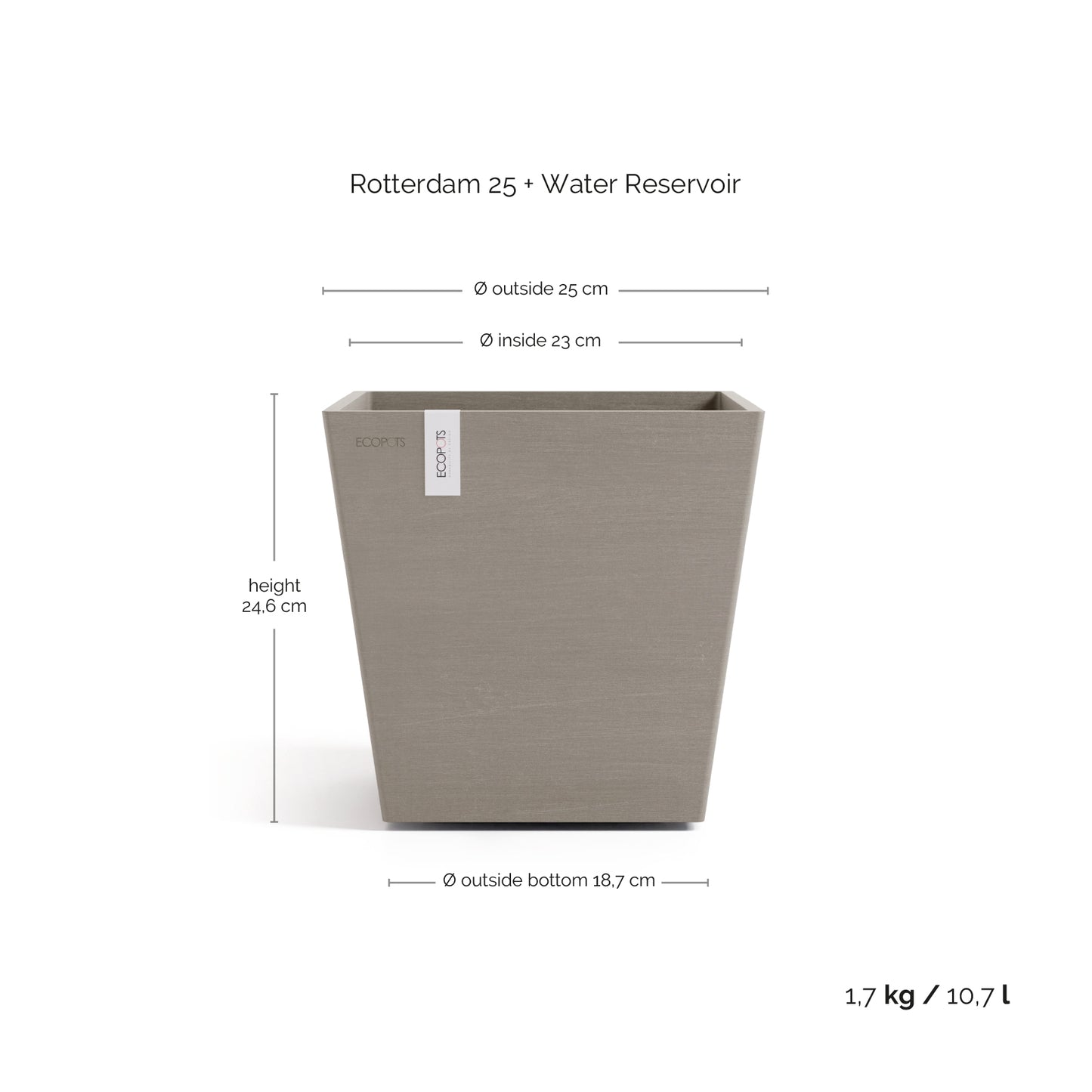 ECOPOTS Rotterdam 25 cm - blómapottur með vatnshólfi