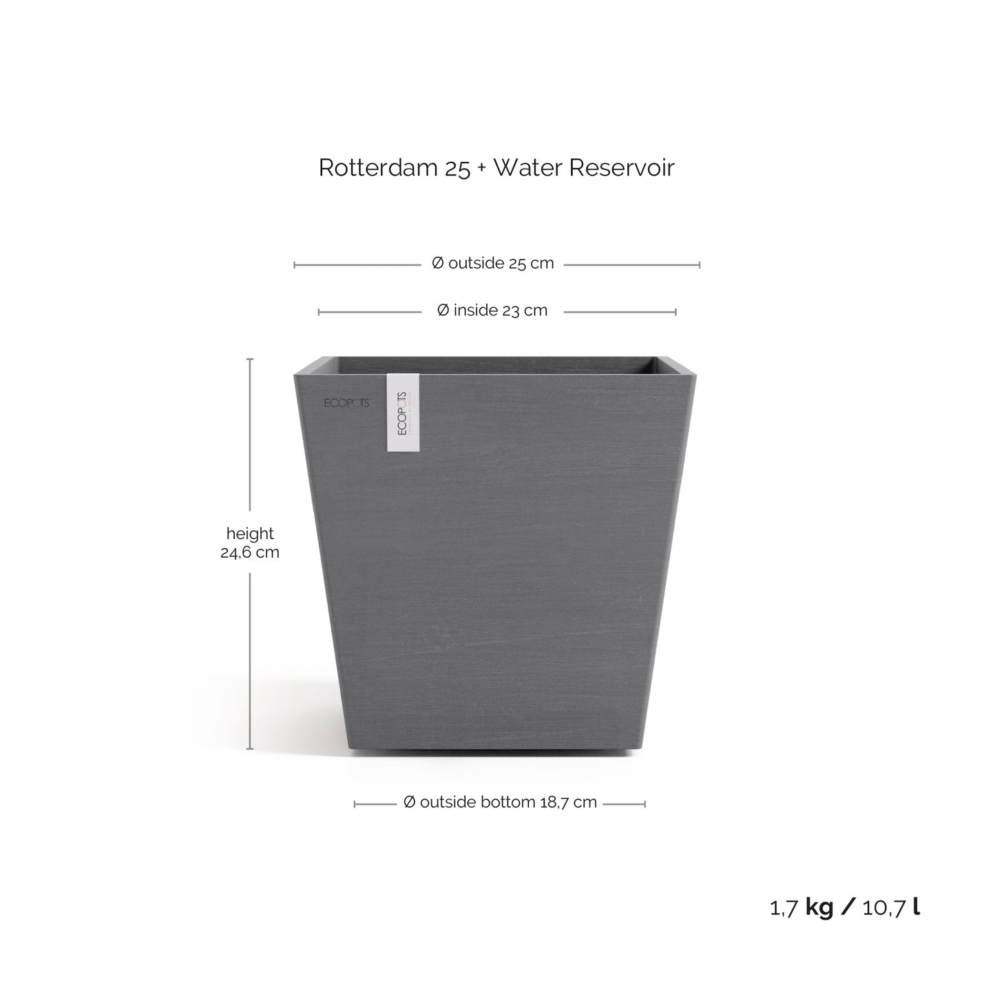 ECOPOTS Rotterdam 25 cm - blómapottur með vatnshólfi
